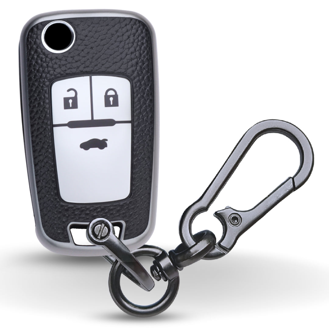 Keycept TPU Leather Car Key Cover for Chevrolet Cruze | Beat | Avio | Spark 3 Button Flip Key Only with keychain (Type K1)