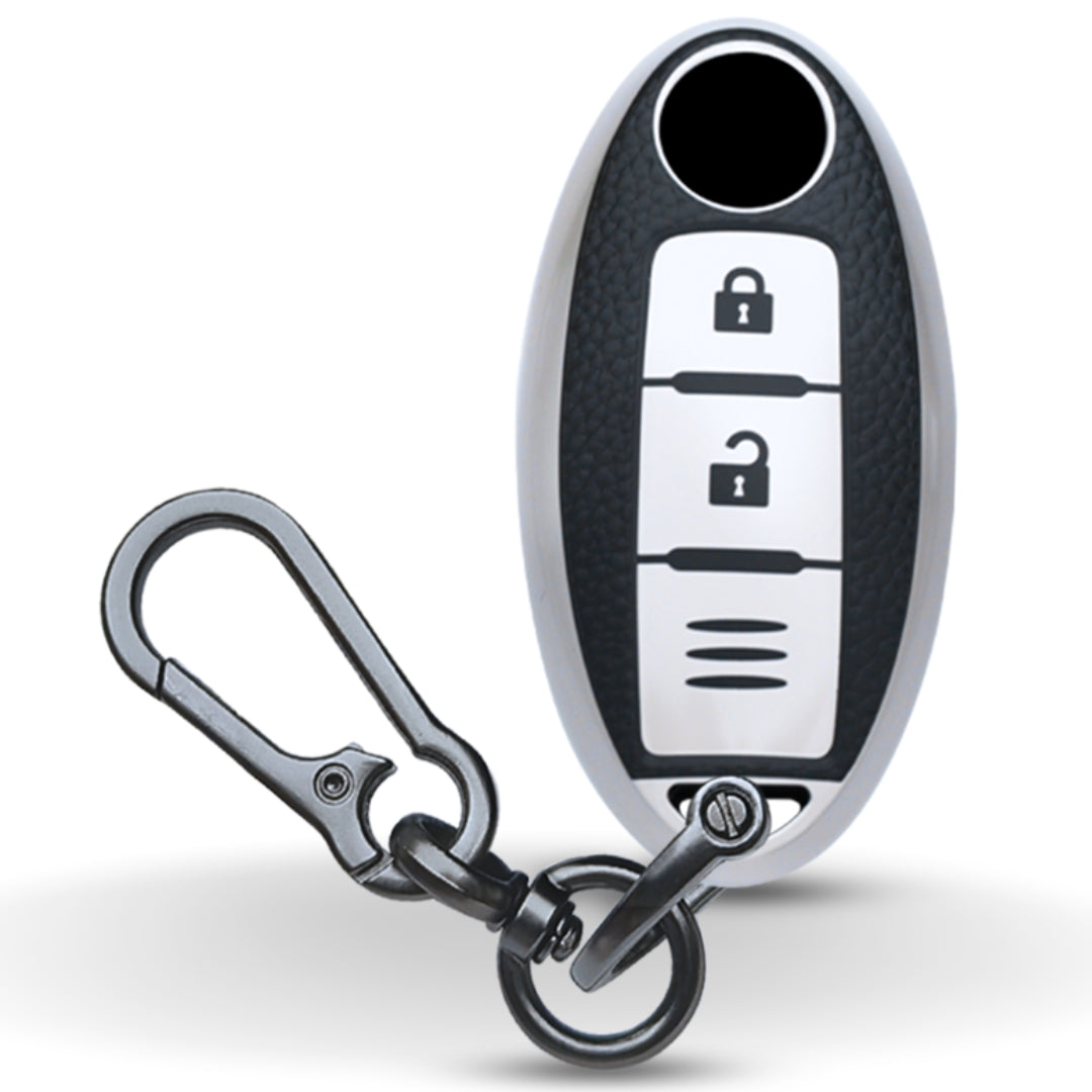 TPU Leather Key Cover Nissan Micra, Sunny, Teana, Magnite 2 button Smart Key with Keychain.