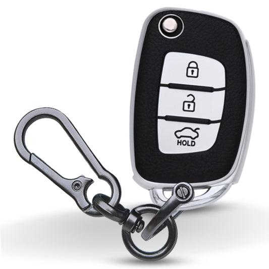 TPU Leather Key Cover For Hyundai Creta, Venue, Aura, i20, Grand i10 Nios, Xcent 3 Button Flip Key With Keychain.
