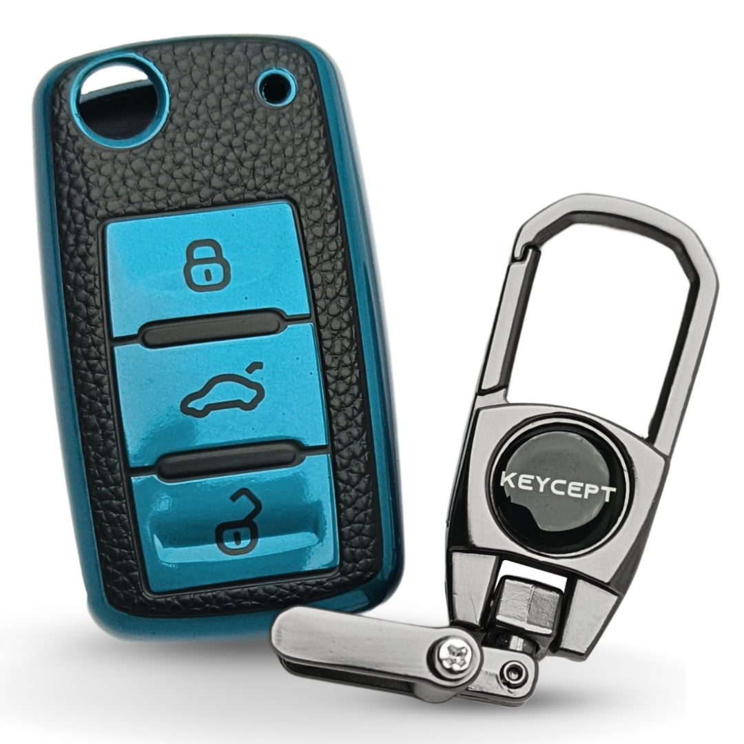 Skoda/ Volkswagen TPU Leather Key Cover with Keychain. (Type 2)