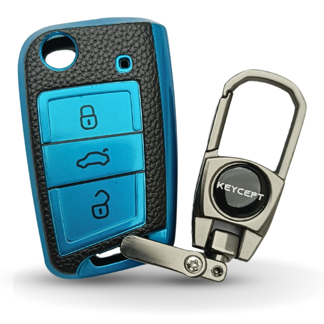 Skoda/Volkswagen TPU Leather Key Cover with Keychain. (Type 2)