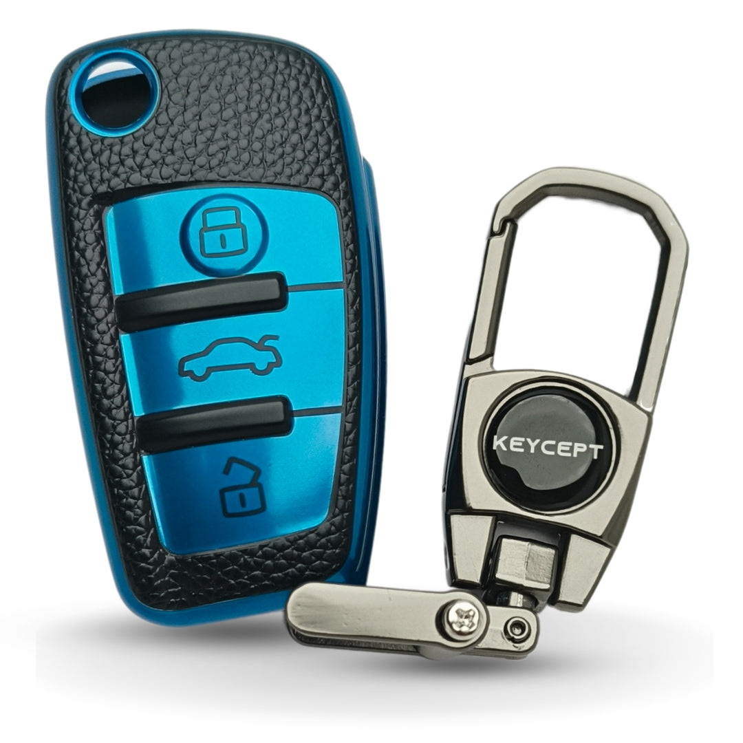 Blue TPU Lather Key Cover for A1, A3, A6, Q2, Q3, Q7, TT, TTS, R8, S3, S6, & RS3 3 button flip key With Keychain