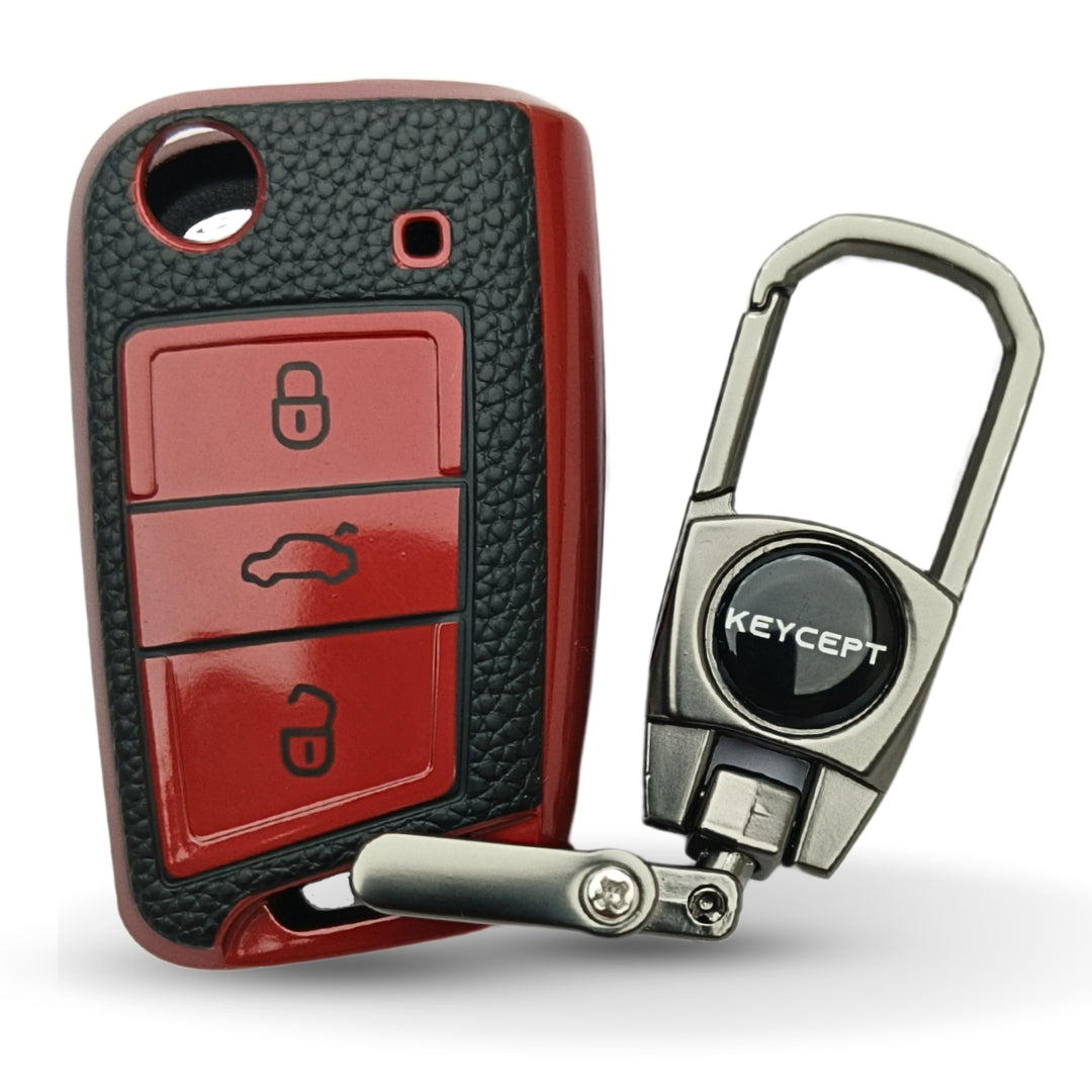 Skoda/Volkswagen TPU Leather Key Cover with Keychain. (Type 2)