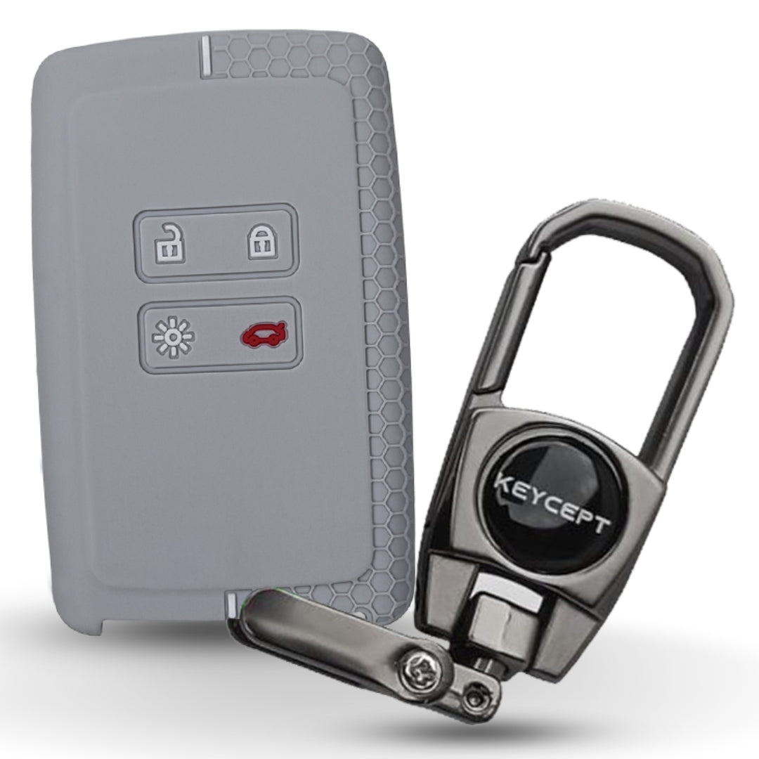 Grey Silicone car key cover for Renault Kiger, Triber Smart Card Key with keychain