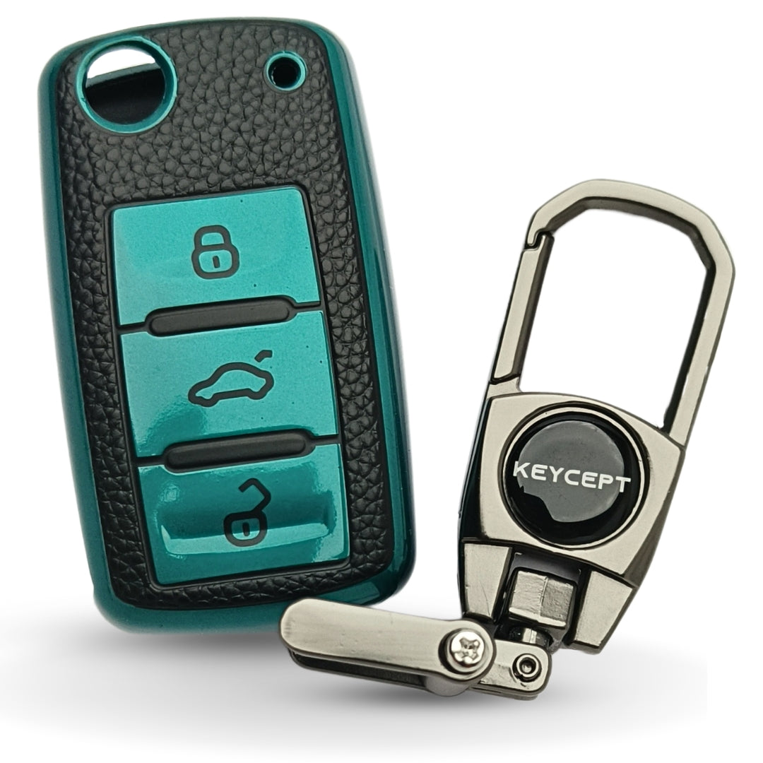 Skoda/ Volkswagen TPU Leather Key Cover with Keychain. (Type 2)
