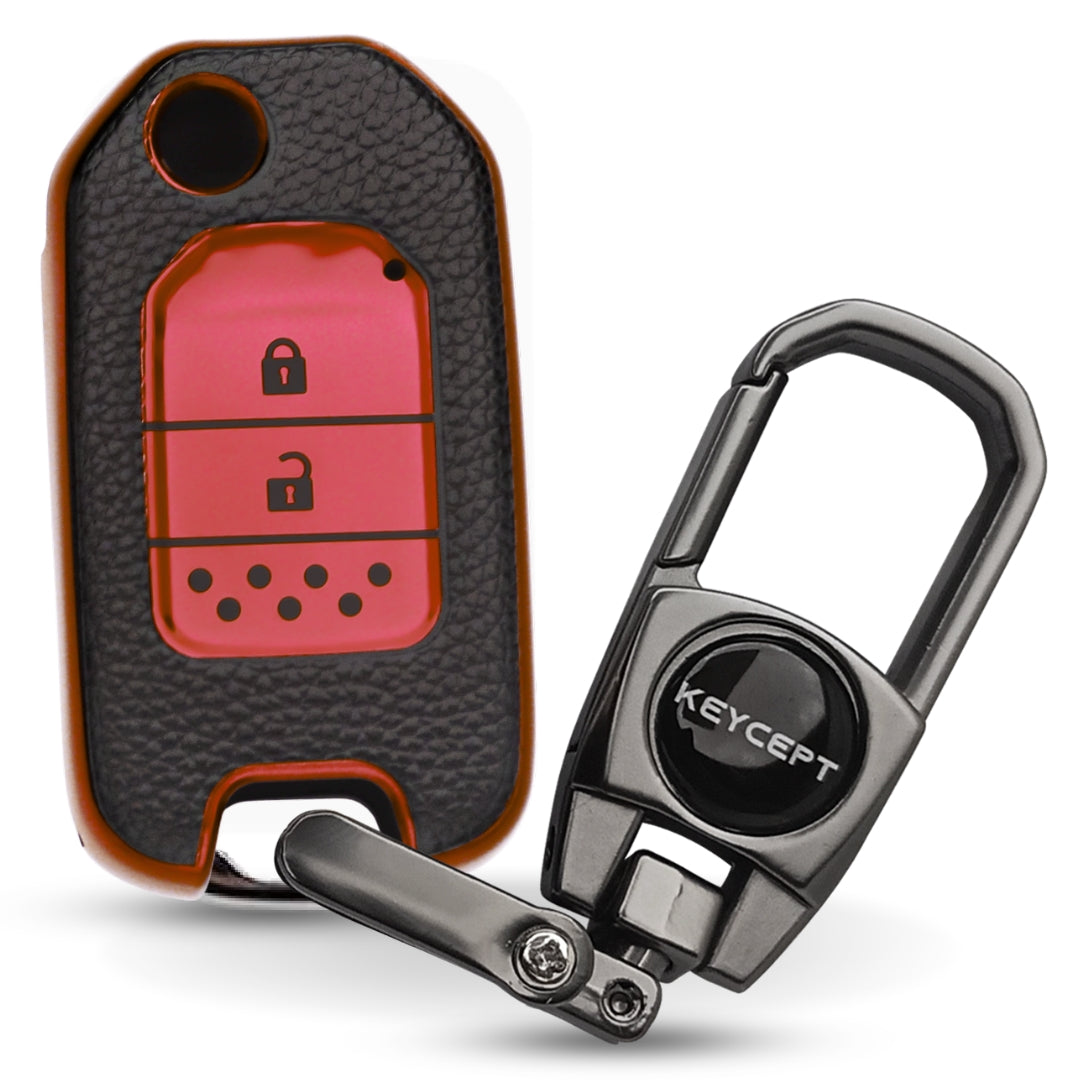 Keycept TPU Leather Car Key Cover for Honda City, WR-V 2 Button Flip Key with keychain (Type K2)