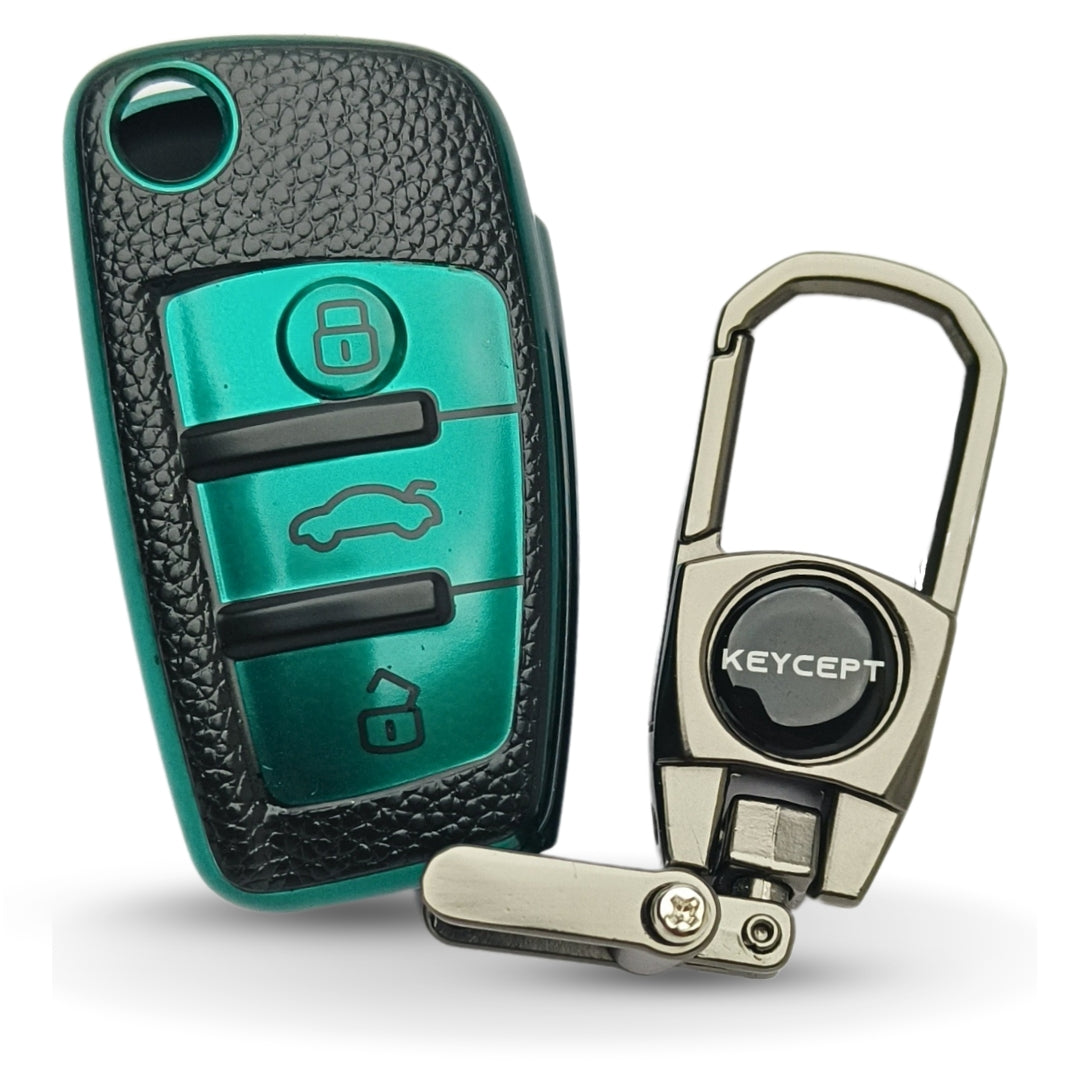Green TPU Lather Key Cover for A1, A3, A6, Q2, Q3, Q7, TT, TTS, R8, S3, S6, & RS3 3 button flip key With Keychain