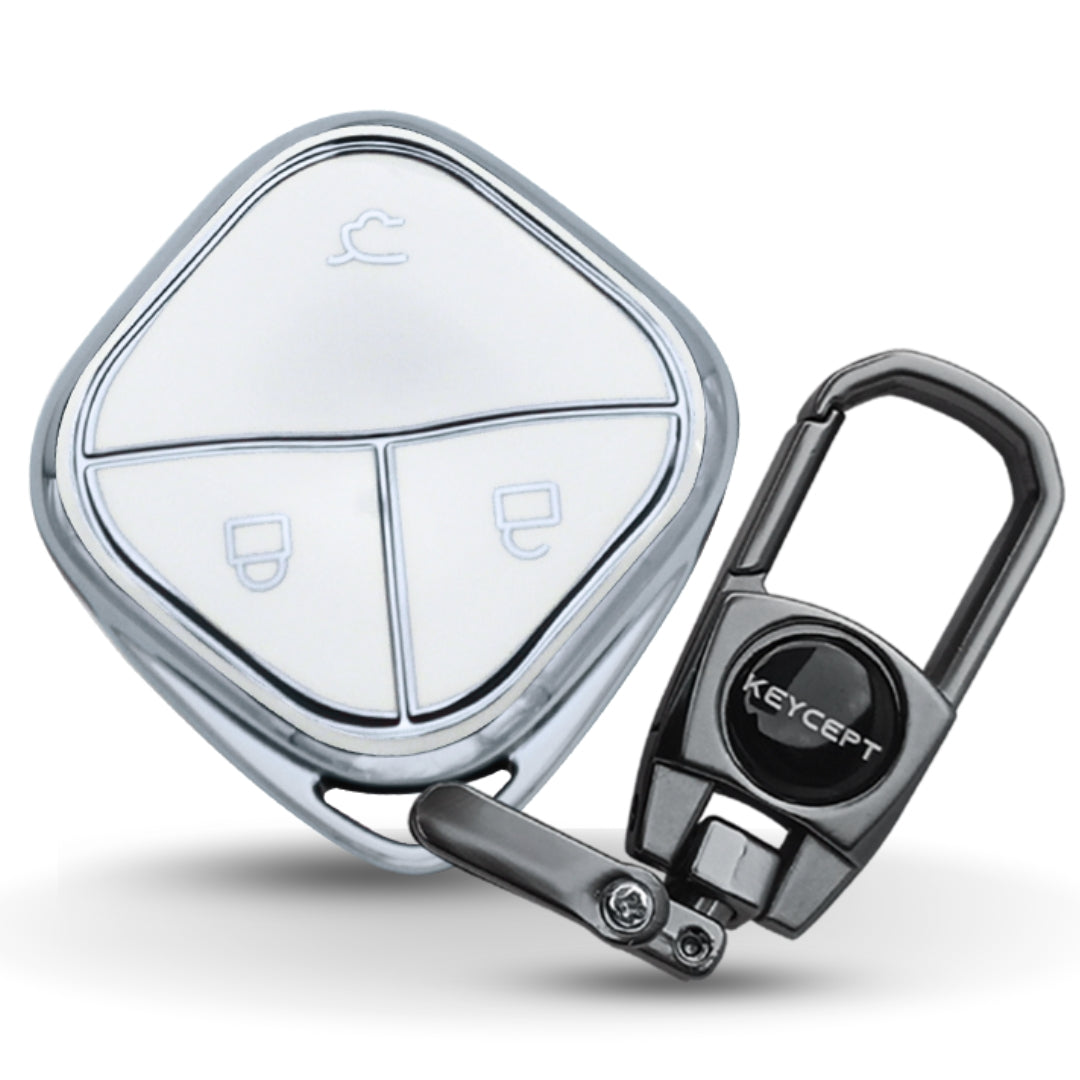Silver Line TPU Key Cover for MG Comet 3 button Smart key with Keychain.