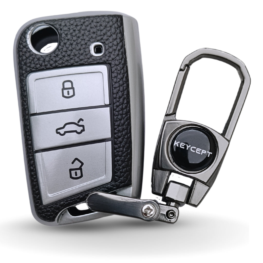 Skoda/Volkswagen TPU Leather Key Cover with Keychain. (Type 2)
