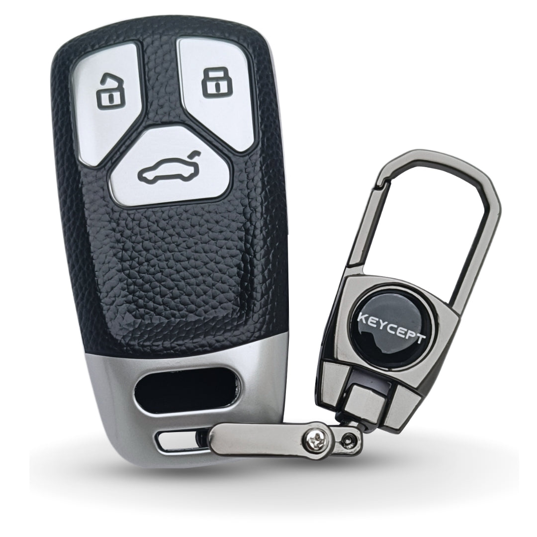 Silver TPU Leather Key Cover for Audi A4, S4, B7, B8, A6, A5, A7, A8, Q5, S5, S6, Q7 3 button smart key With Keychain