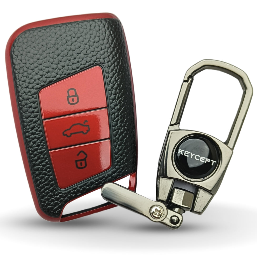 Skoda/Volkswagen TPU Leather Key Cover with Keychain. (Type 2)