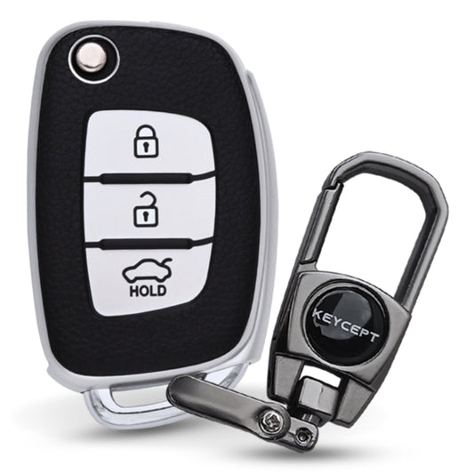 TPU Leather Key Cover For Hyundai Creta, Venue, Aura, i20, Grand i10 Nios, Xcent 3 Button Flip Key With Keychain.
