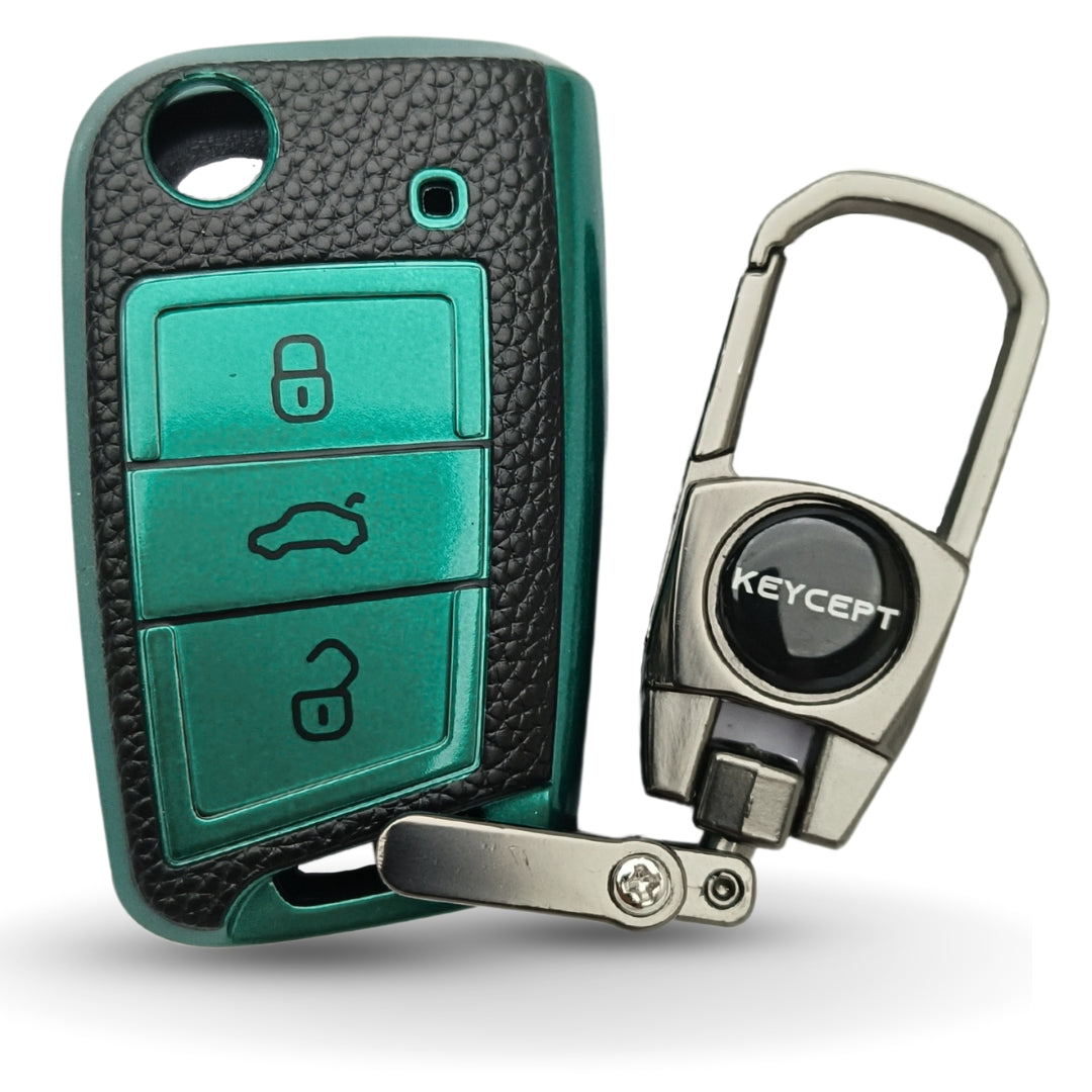 Skoda/Volkswagen TPU Leather Key Cover with Keychain. (Type 2)