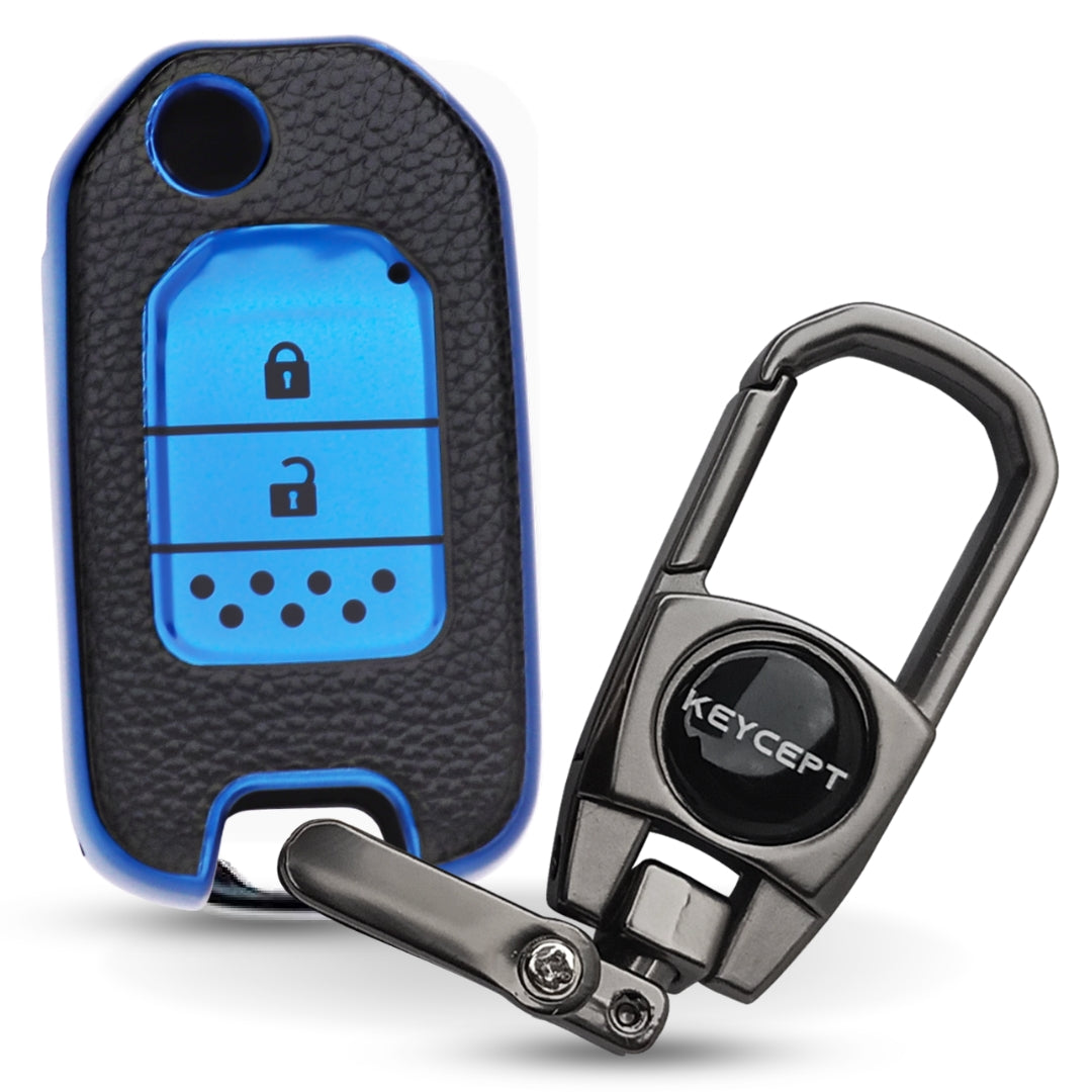 Keycept TPU Leather Car Key Cover for Honda City, WR-V 2 Button Flip Key with keychain (Type K2)