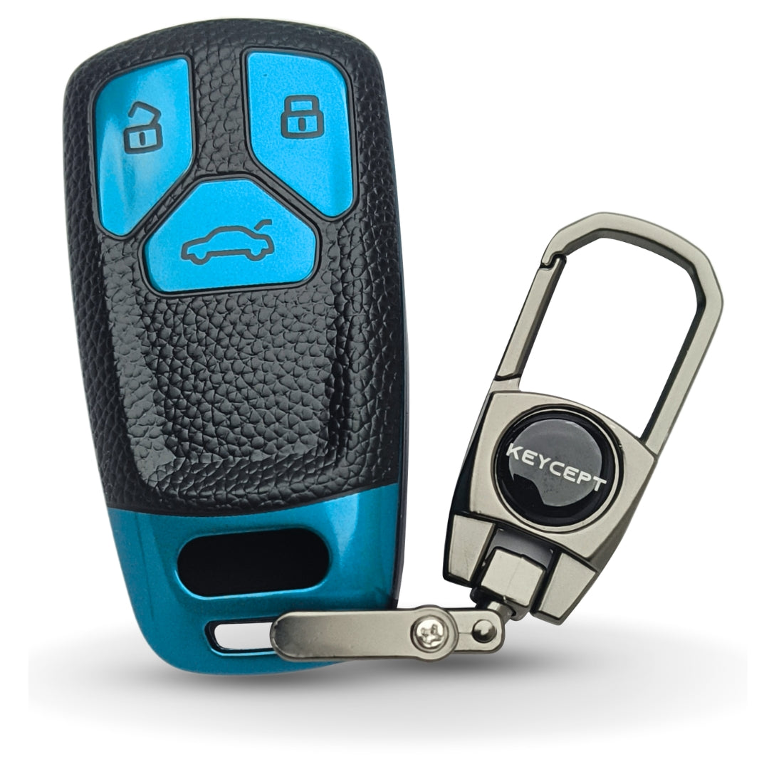 Blue TPU Leather Key Cover for Audi A4, S4, B7, B8, A6, A5, A7, A8, Q5, S5, S6, Q7 3 button smart key With Keychain