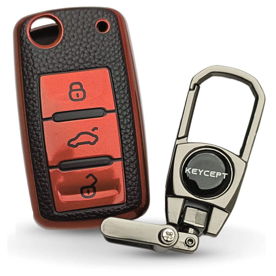 Skoda/ Volkswagen TPU Leather Key Cover with Keychain. (Type 2)