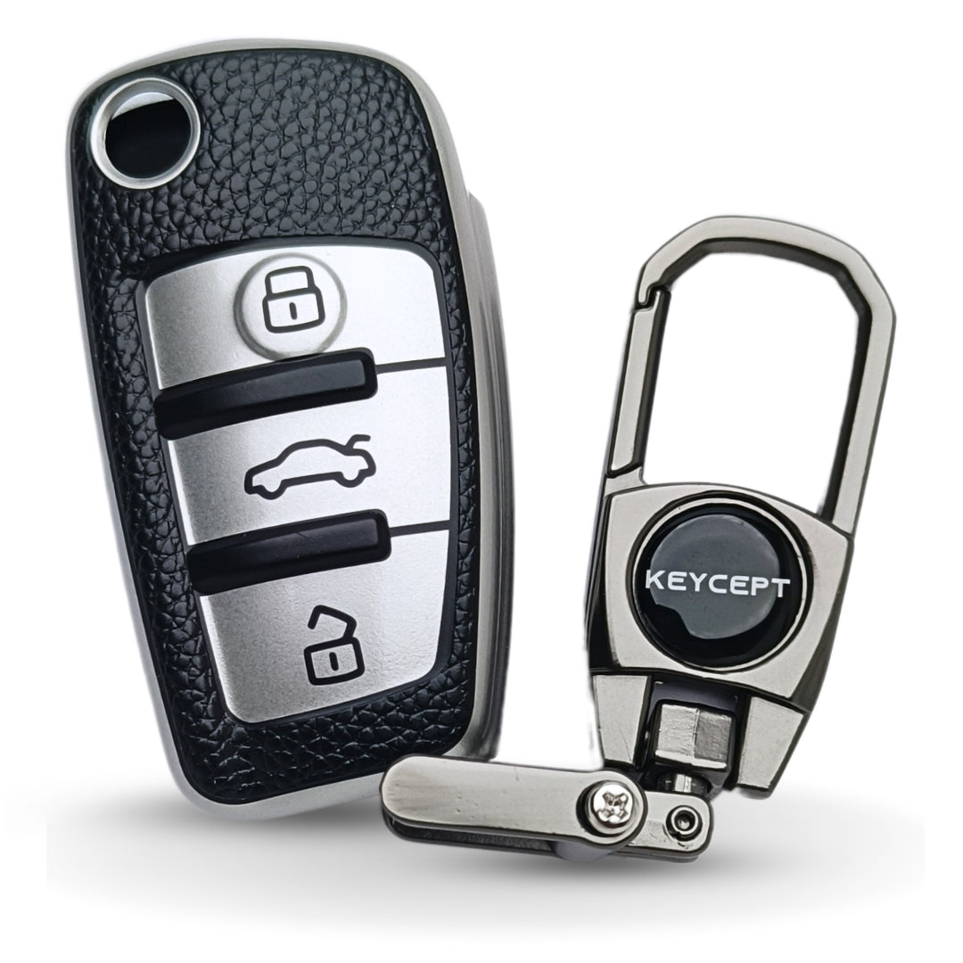 Silver TPU Lather Key Cover for A1, A3, A6, Q2, Q3, Q7, TT, TTS, R8, S3, S6, & RS3 3 button flip key With Keychain