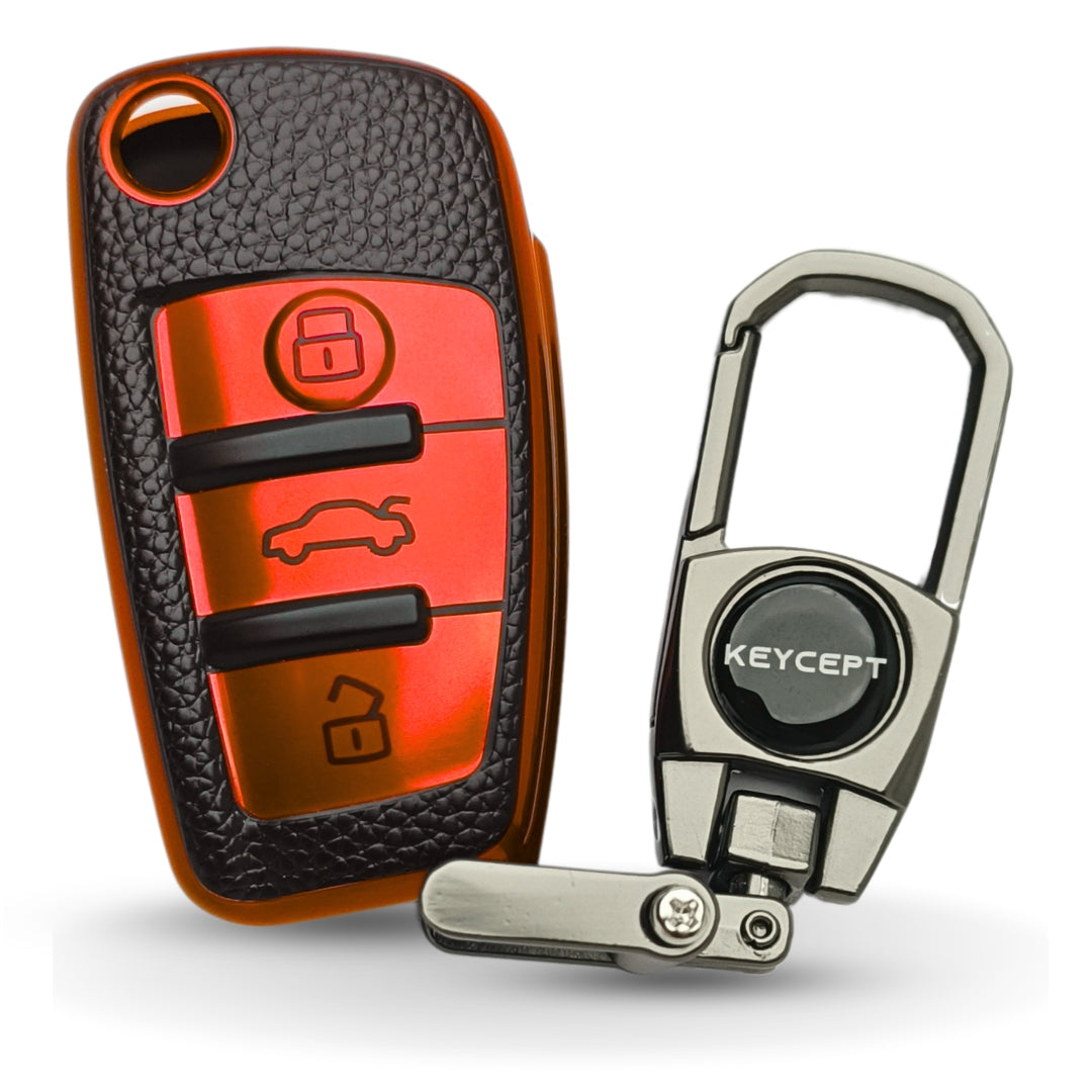 Red TPU Lather Key Cover for A1, A3, A6, Q2, Q3, Q7, TT, TTS, R8, S3, S6, & RS3 3 button flip key With Keychain