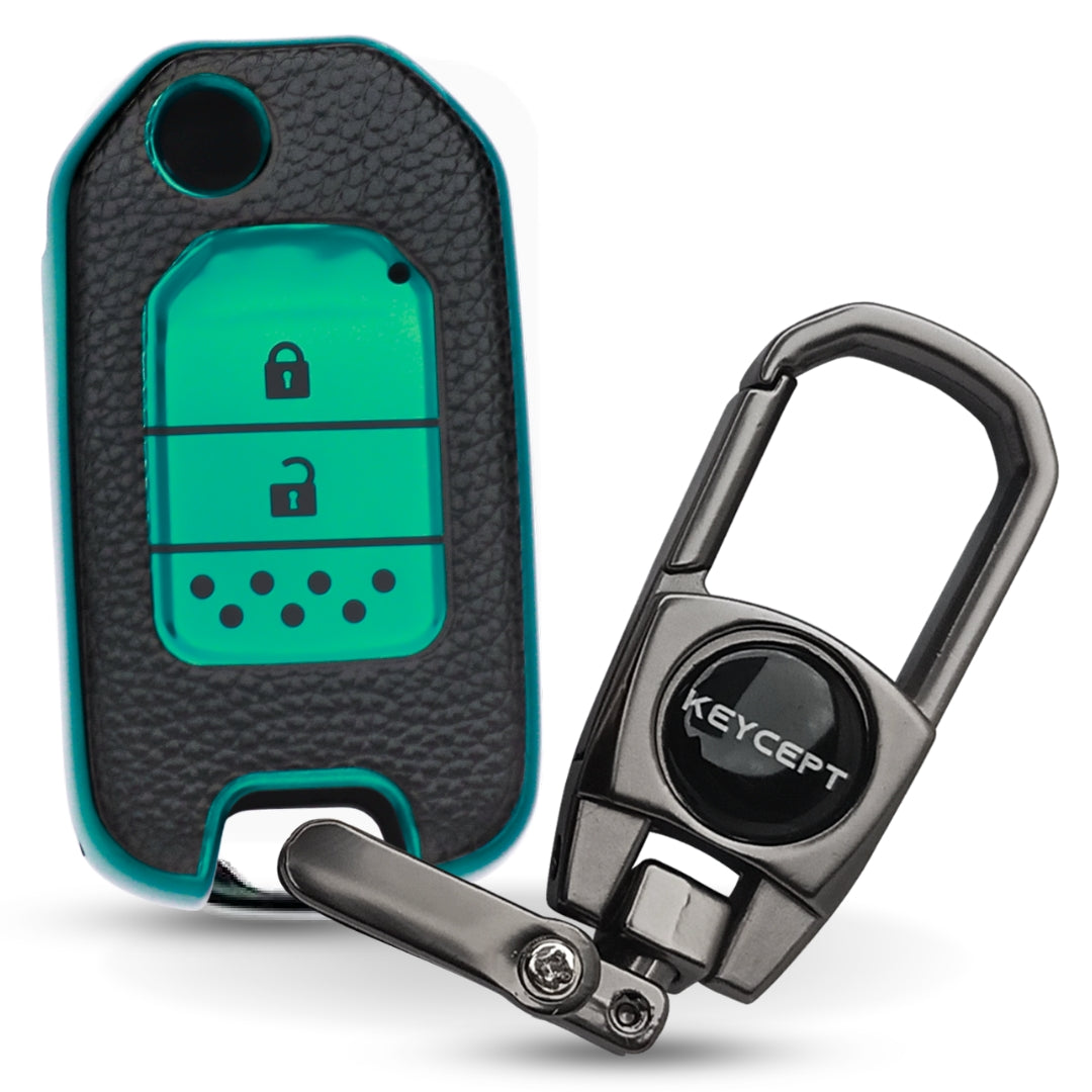 Keycept TPU Leather Car Key Cover for Honda City, WR-V 2 Button Flip Key with keychain (Type K2)