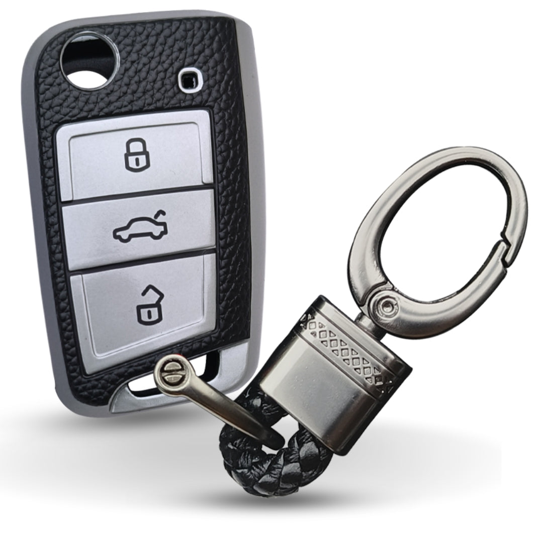 Skoda/ Volkswagen TPU (Artificial) Leather Key Cover with Keychain. (Type 4)