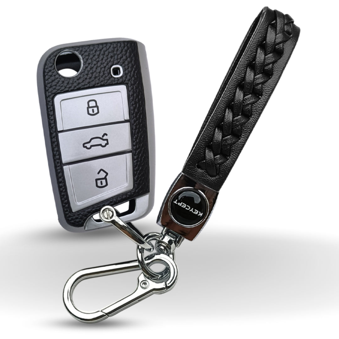 Skoda/ Volkswagen TPU (Artificial) Leather Key Cover with Keychain. (Type 5)