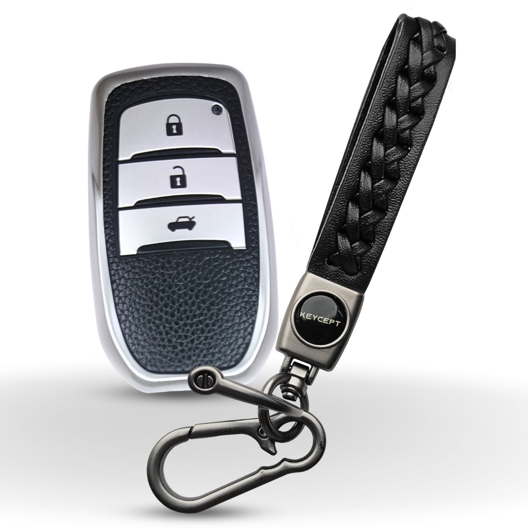 Toyota TPU Leather Key Cover Innova | Crysta | Fortuner 3 Button Smart Key with Keychain. (Type 5)
 – Keycept