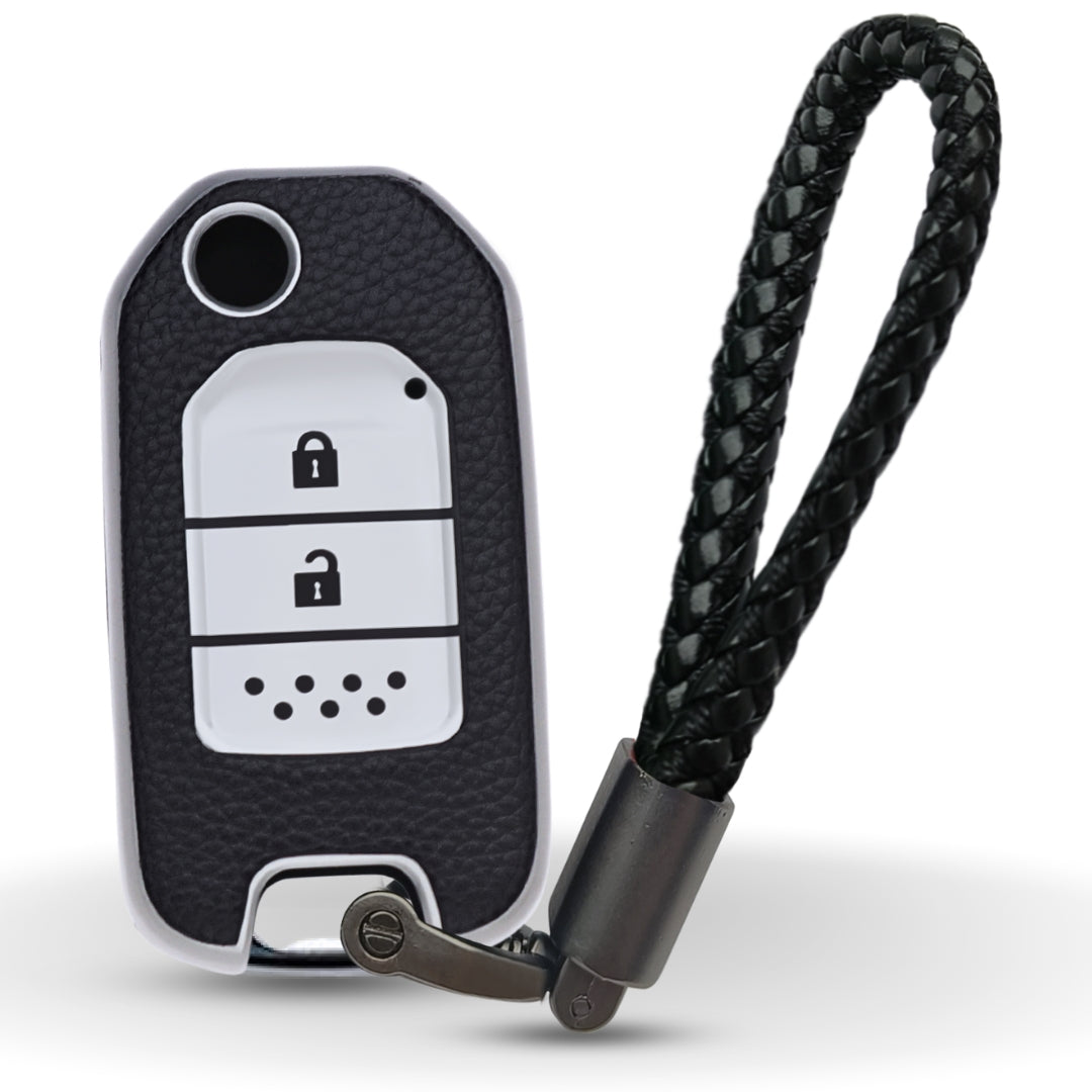 Keycept TPU Leather Car Key Cover for Honda City, WR-V 2 Button Flip Key with keychain (Type K6)