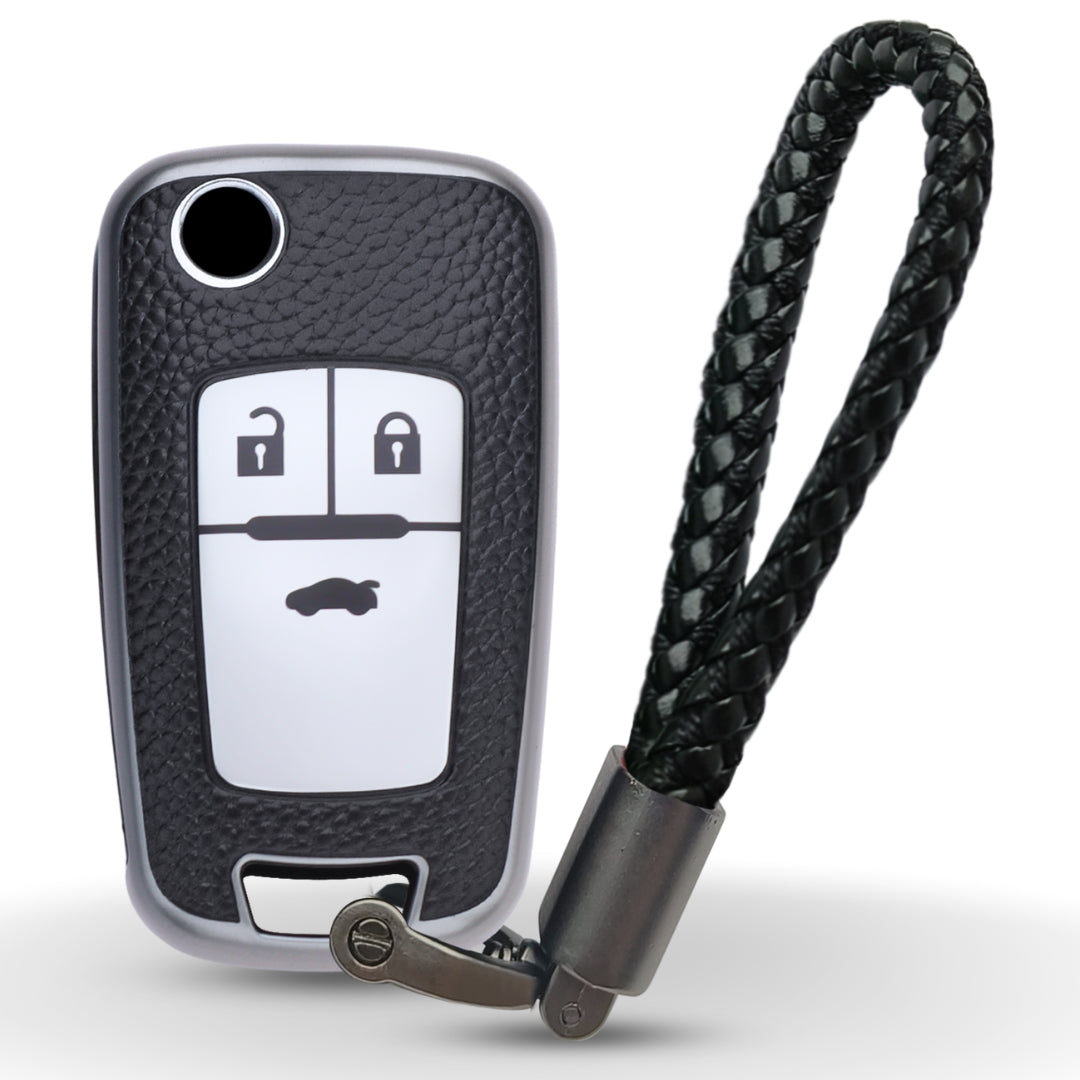 Keycept TPU Leather Car Key Cover for Chevrolet Cruze | Beat | Avio | Spark 3 Button Flip Key Only with keychain (Type K6)