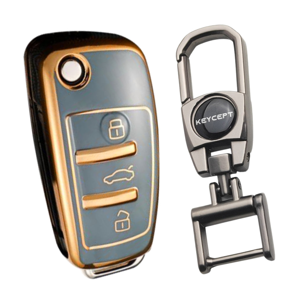 Blue Gold Line TPU Key Cover for Audi A1, A3, A6, Q2, Q3, Q7, TT, TTS, R8, S3, S6, RS 3 button flip key With Keychain