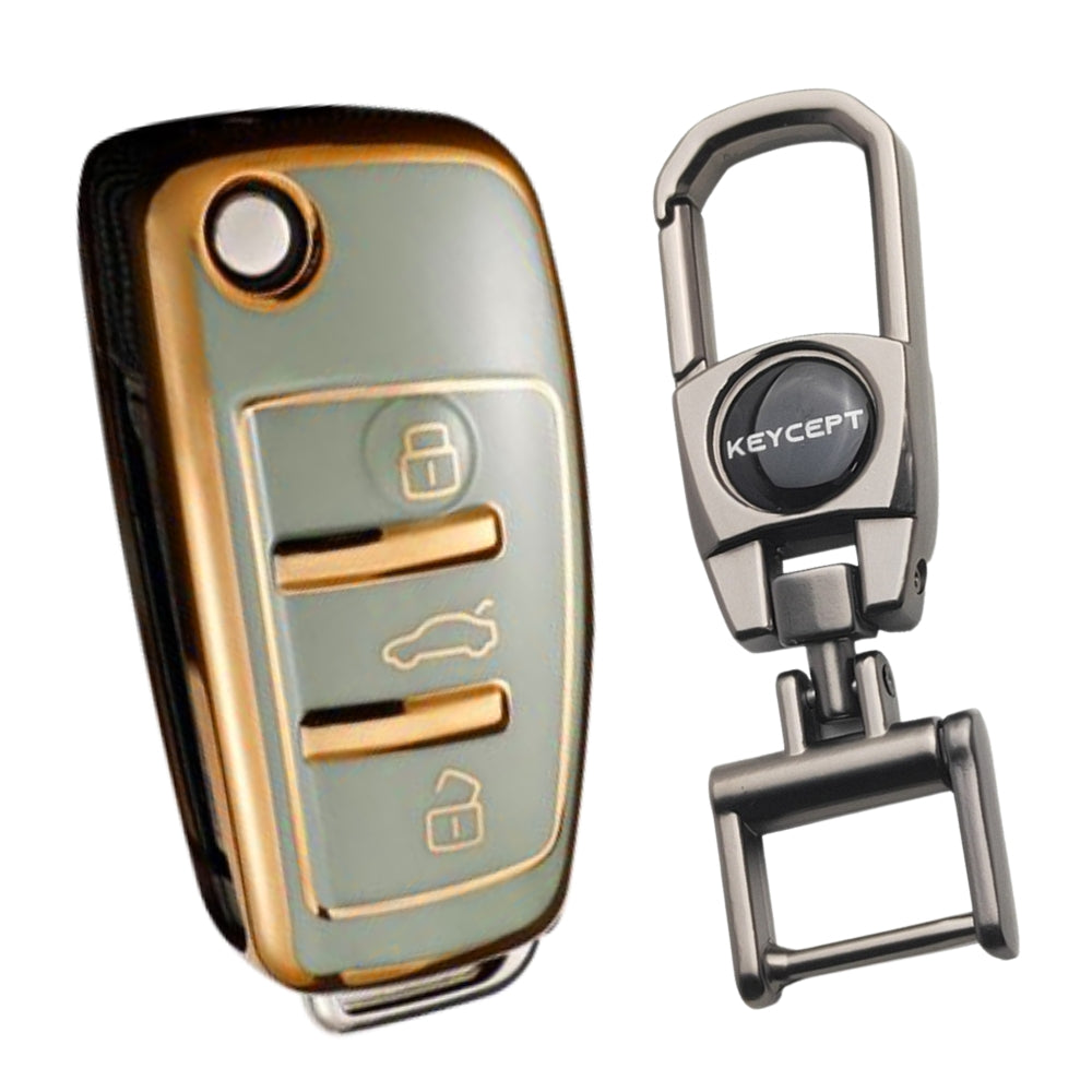 Green Gold Line TPU Key Cover for Audi A1, A3, A6, Q2, Q3, Q7, TT, TTS, R8, S3, S6, RS 3 button flip key With Keychain