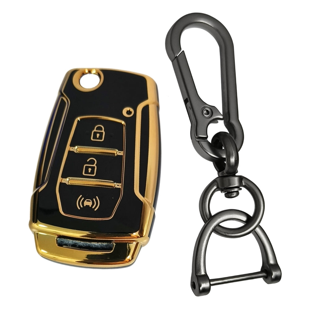 Black Gold Line TPU Key Cover for Mahindra XUV 300 & Alturas G4 3 Button flip key With Keychain