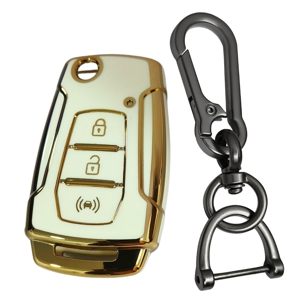 White Gold Line TPU Key Cover for Mahindra XUV 300 & Alturas G4 3 Button flip key With Keychain
