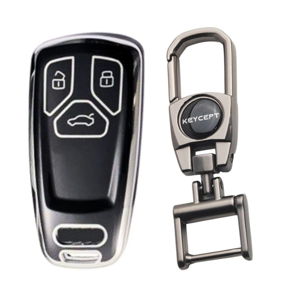 Black Silver Line TPU Key Cover for Audi A4, S4, B7, B8, A6, A5, A7, A8, Q5, S5, S6 & Q7 3 button smart key with Keychain