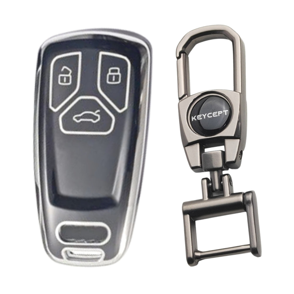 Blue Silver Line TPU Key Cover for Audi A4, S4, B7, B8, A6, A5, A7, A8, Q5, S5, S6 & Q7 3 button smart key with Keychain