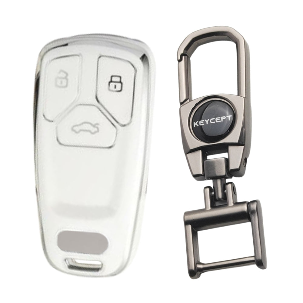 White Silver Line TPU Key Cover for Audi A4, S4, B7, B8, A6, A5, A7, A8, Q5, S5, S6 & Q7 3 button smart key with Keychain