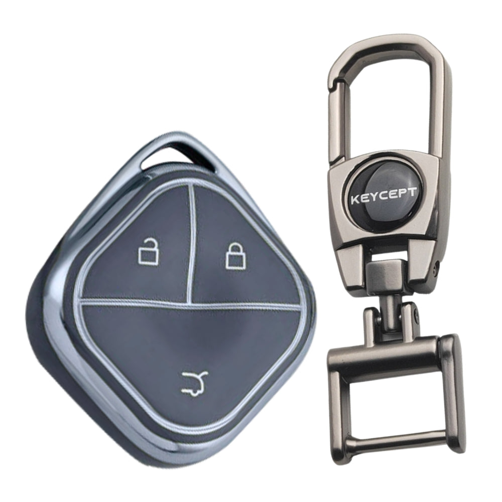 Silver Line TPU Key Cover for MG Comet 3 button Smart key with Keychain.
