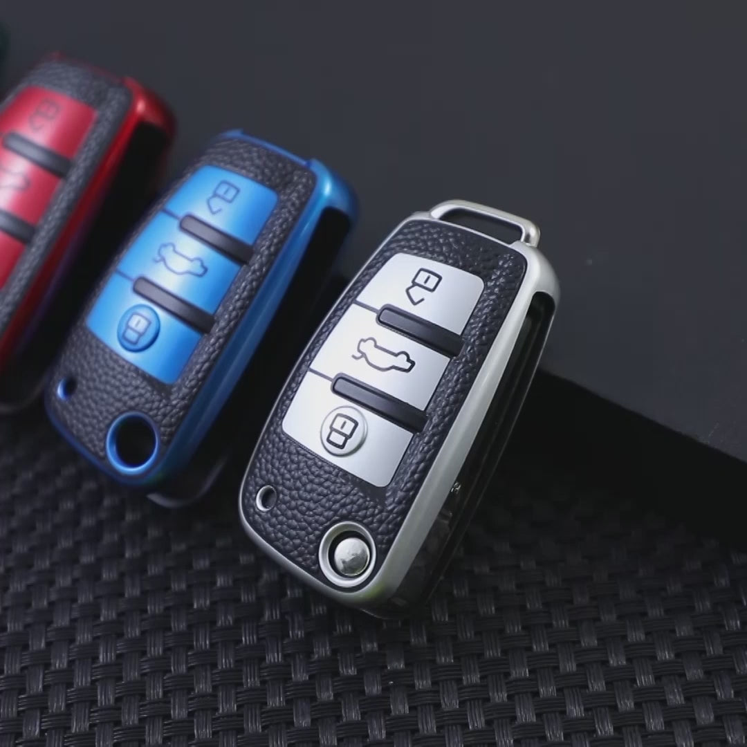 Silver TPU Lather Key Cover for A1, A3, A6, Q2, Q3, Q7, TT, TTS, R8, S3, S6, & RS3 3 button flip key With Keychain