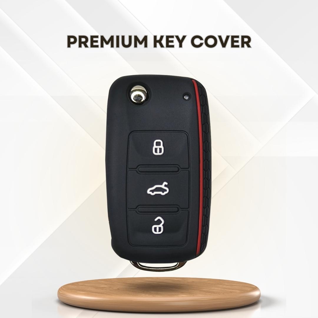 Skoda polo vento ameo 3 button flip key cover case accessories silicone black keychain