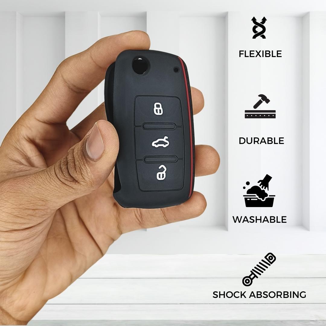 Skoda polo vento ameo 3 button flip key cover case accessories silicone black keychain