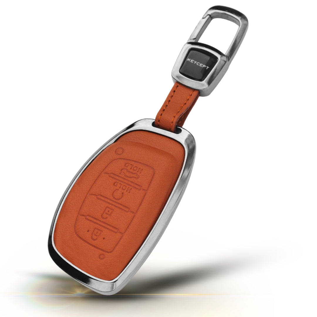 Hyundai Titanium Genuine Leather Car Key Cover with Keychain (Type M7)