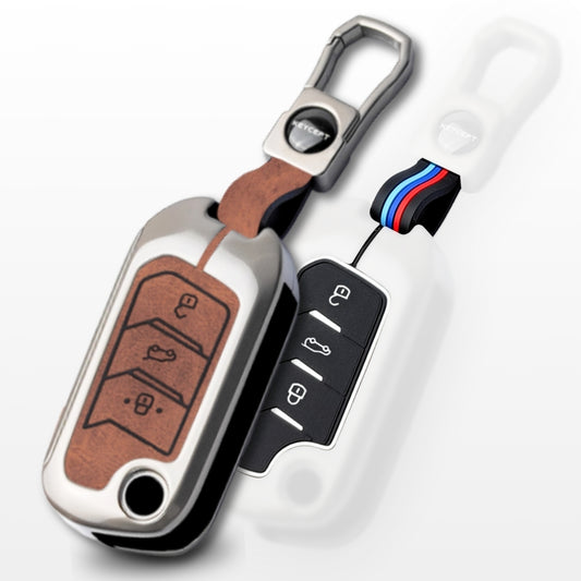 Keycept Metal Alloy Car Key Cover for Mahindra (Dual Black & Tan)
