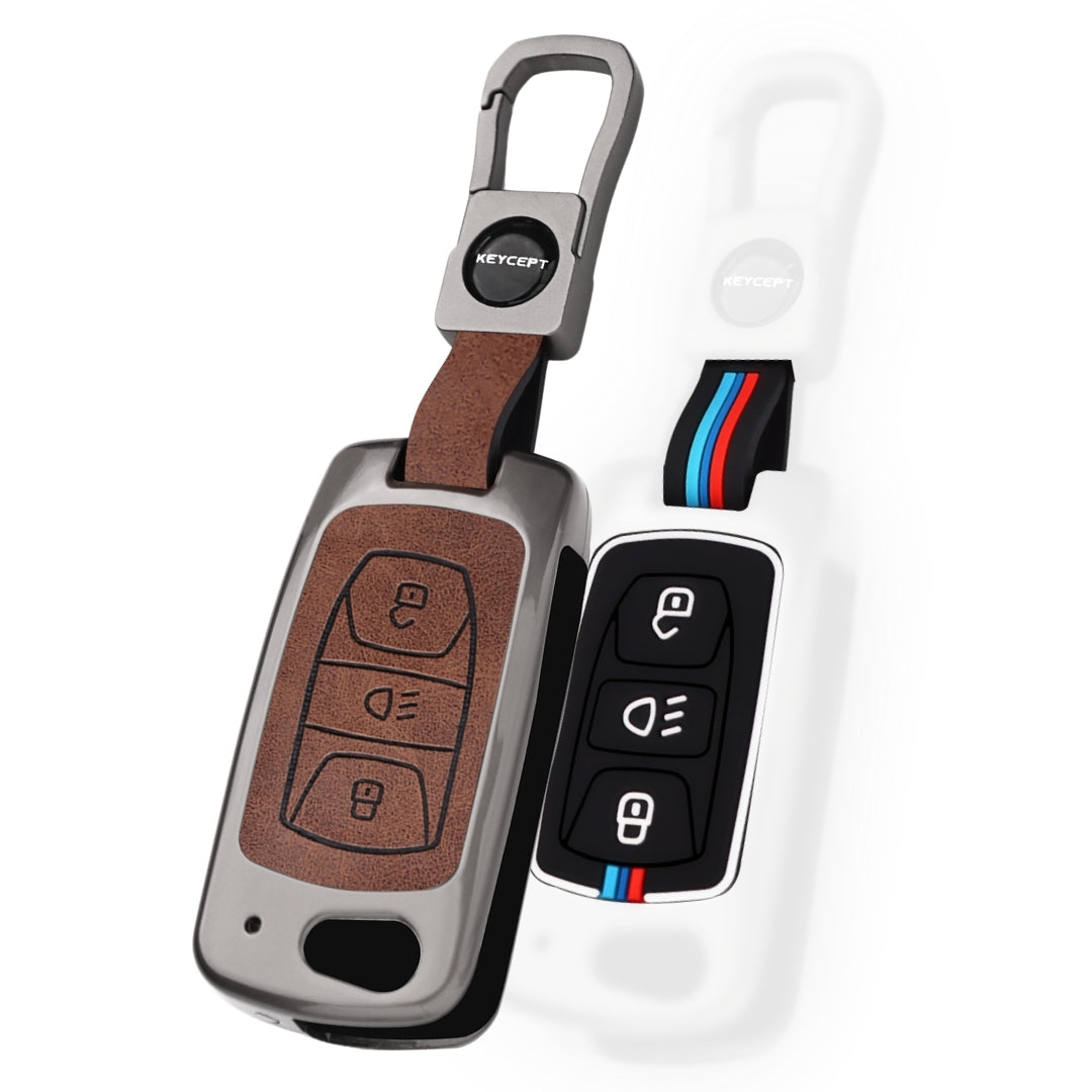 Keycept Metal Alloy Car Key Cover for Tata Tigor, Bolt, Nexon, Hexa, Zest, Tiago, Punch, Safari, Altroz, Storme 3 button Flip Key Cover with Keychain (Dual Black & Tan)