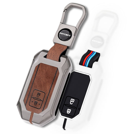 Suzuki Metal Alloy Car Key Cover with Keychain (Dual Black & Tan)