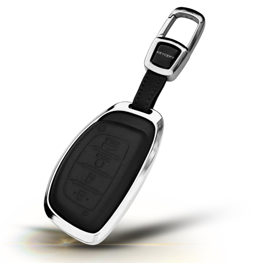 Hyundai Titanium Genuine Leather Car Key Cover with Keychain (Type M7)
