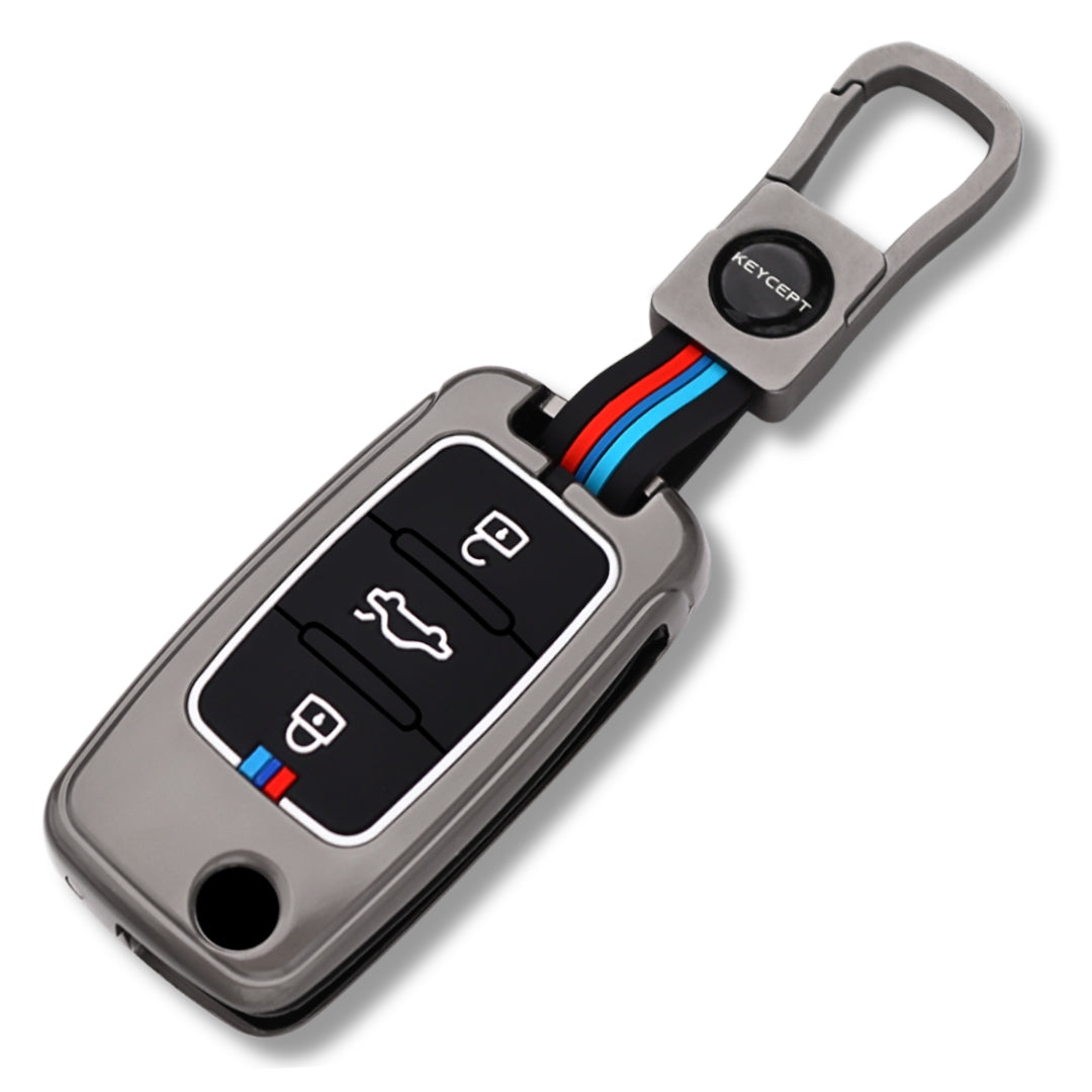 Keycept Metal Alloy Car Key Cover for Skoda/ Volkswagen Polo, Vento, Jetta, Ameo, Passat, Rapid Laura Superb Octavia, Fabia, Yeti 3 button Flip key  Cover with Keychain ( Type M1 )