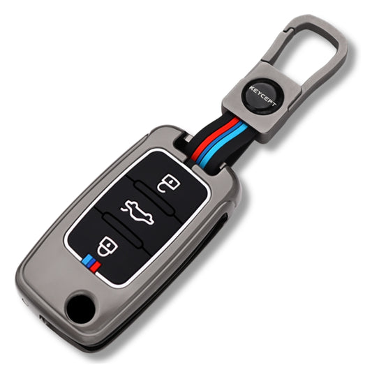 Keycept Metal Alloy Car Key Cover for Skoda/ Volkswagen Polo, Vento, Jetta, Ameo, Passat, Rapid Laura Superb Octavia, Fabia, Yeti 3 button Flip key  Cover with Keychain ( Type M1 )