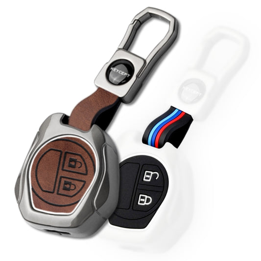 Keycept Metal Alloy Car Key Cover for Suzuki Swift, Dzire, Ertiga, Baleno, Celerio, WagonR, Ritz, Brezza, Scross, Alto, Fronx, XL6, Ciaz, Grand Vitara, Jimny, Alto K10, S Presso, WangoR, Ignis with Keychain (Dual Black & Tan)