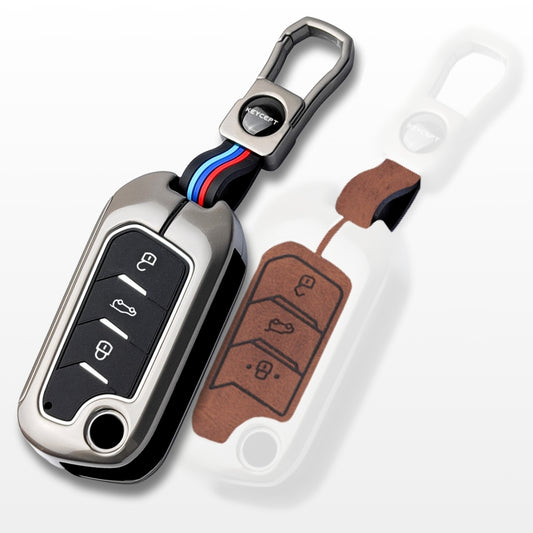 Keycept Metal Alloy Car Key Cover for Mahindra Scorpio, XUV 300, Marazzo, 3XO, XUV 400 EV, Bolero, Thar, TUV 3 &amp; Thar Roxx Key Cover with Keychain (Dual Black & Tan)