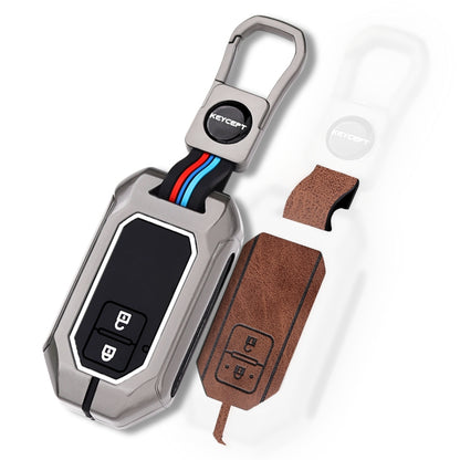 Keycept Metal Alloy Car Key Cover for Suzuki Swift, Dzire, Ertiga, Baleno, Celerio, WagonR, Brezza, Fronx, Grand Vitara, Jimny, Ignis, Toyota Glanza, Urban Cruiser hyryder Smart Key Cover with Keychain (Dual Black & Tan)