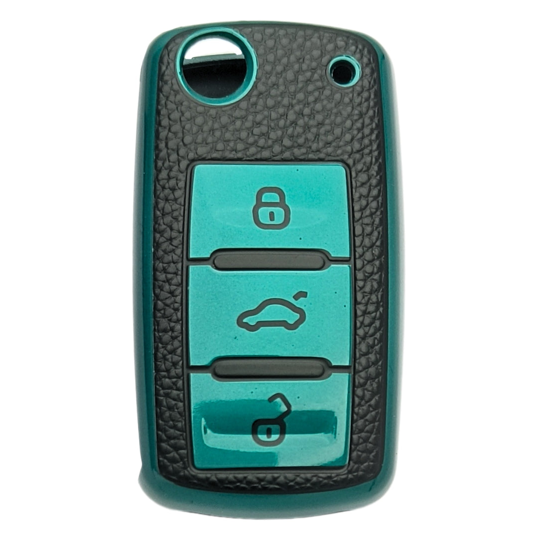 Leather Key Cover Compatible with Skoda/Volkswagen Polo | Vento | Ameo | Passat | Rapid | Laura | Superb | Octavia | Fabia | Yeti 3 Button Flip Key